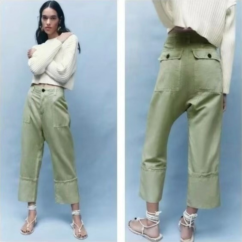 ZARA The Tokyo Trouser Pants Women Small Green Cuffed Cropped Wide leg Cargo